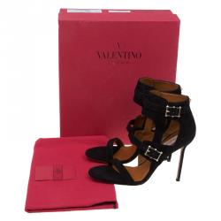 Pre Owned Valentino Black Suede Buckle Detail Ankle Wrap Sandals Size 38.5 