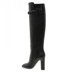 Pre Owned Valentino Black Leather Braided Strap Over the Knee Boots Size 37