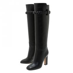 Pre Owned Valentino Black Leather Braided Strap Over the Knee Boots Size 37