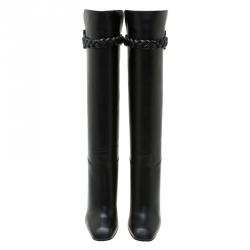 Pre Owned Valentino Black Leather Braided Strap Over the Knee Boots Size 37