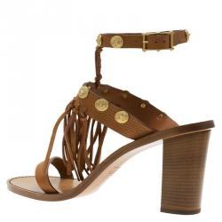 Pre Owned Valentino Brown Leather Fringed Coin Detail Sandals Size 41