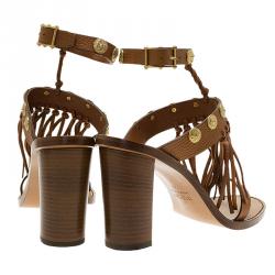 Pre Owned Valentino Brown Leather Fringed Coin Detail Sandals Size 41