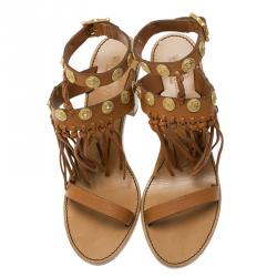 Pre Owned Valentino Brown Leather Fringed Coin Detail Sandals Size 41