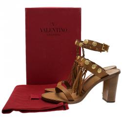 Pre Owned Valentino Brown Leather Fringed Coin Detail Sandals Size 41