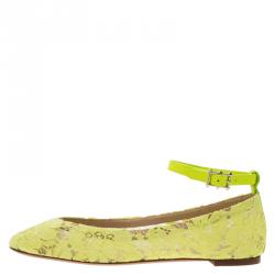 Pre Owned Valentino Yellow Lace Ankle Strap Ballet Flats Size 39