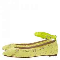 Pre Owned Valentino Yellow Lace Ankle Strap Ballet Flats Size 39
