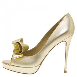 Pre Owned Valentino Gold Leather Couture Bow Peep Toe Platform Pumps Size 39.5