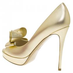 Pre Owned Valentino Gold Leather Couture Bow Peep Toe Platform Pumps Size 39.5