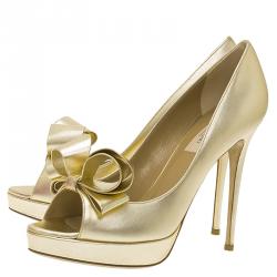 Pre Owned Valentino Gold Leather Couture Bow Peep Toe Platform Pumps Size 39.5