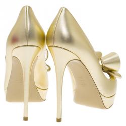 Pre Owned Valentino Gold Leather Couture Bow Peep Toe Platform Pumps Size 39.5