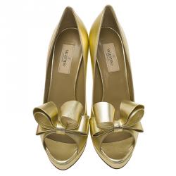 Pre Owned Valentino Gold Leather Couture Bow Peep Toe Platform Pumps Size 39.5