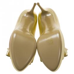 Pre Owned Valentino Gold Leather Couture Bow Peep Toe Platform Pumps Size 39.5