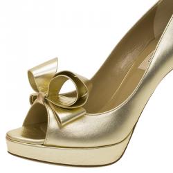 Pre Owned Valentino Gold Leather Couture Bow Peep Toe Platform Pumps Size 39.5