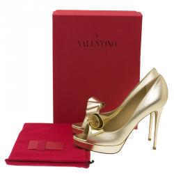 Pre Owned Valentino Gold Leather Couture Bow Peep Toe Platform Pumps Size 39.5