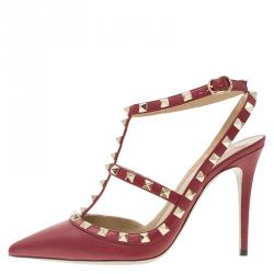Pre Owned Valentino Red Leather Rockstud Sandals Size 38.5