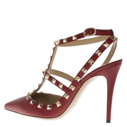 Pre Owned Valentino Red Leather Rockstud Sandals Size 38.5
