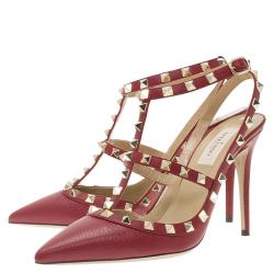 Pre Owned Valentino Red Leather Rockstud Sandals Size 38.5
