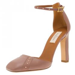 Pre Owned Valentino Brown Studded Leather Ankle Strap Pumps Size 37.5