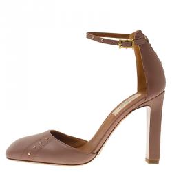 Pre Owned Valentino Brown Studded Leather Ankle Strap Pumps Size 37.5