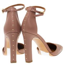 Pre Owned Valentino Brown Studded Leather Ankle Strap Pumps Size 37.5