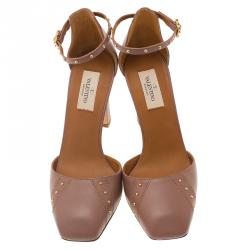 Pre Owned Valentino Brown Studded Leather Ankle Strap Pumps Size 37.5
