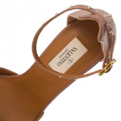 Pre Owned Valentino Brown Studded Leather Ankle Strap Pumps Size 37.5