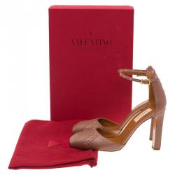 Pre Owned Valentino Brown Studded Leather Ankle Strap Pumps Size 37.5
