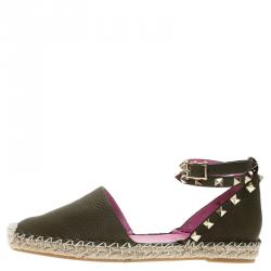 Pre Owned Valentino Green Leather Rockstud Espadrilles Size 37