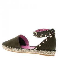 Pre Owned Valentino Green Leather Rockstud Espadrilles Size 37