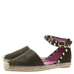 Pre Owned Valentino Green Leather Rockstud Espadrilles Size 37