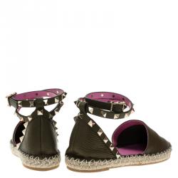 Pre Owned Valentino Green Leather Rockstud Espadrilles Size 37