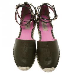 Pre Owned Valentino Green Leather Rockstud Espadrilles Size 37