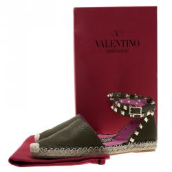 Pre Owned Valentino Green Leather Rockstud Espadrilles Size 37