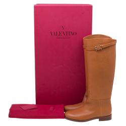 Pre Owned بوت للركبة فالنتينو رايدينغ إبزيم روكستد جلد بني مقاس 37.5