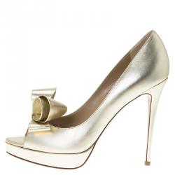 Pre Owned Valentino Gold Leather Couture Bow Peep Toe Platform Pumps Size 40.5