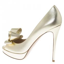 Pre Owned Valentino Gold Leather Couture Bow Peep Toe Platform Pumps Size 40.5