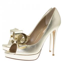 Pre Owned Valentino Gold Leather Couture Bow Peep Toe Platform Pumps Size 40.5