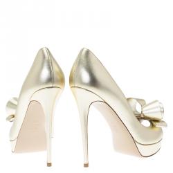 Pre Owned Valentino Gold Leather Couture Bow Peep Toe Platform Pumps Size 40.5