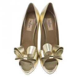 Pre Owned Valentino Gold Leather Couture Bow Peep Toe Platform Pumps Size 40.5