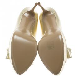 Pre Owned Valentino Gold Leather Couture Bow Peep Toe Platform Pumps Size 40.5