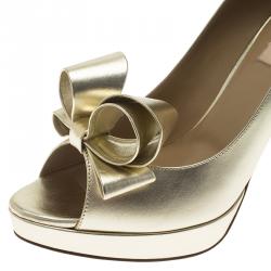 Pre Owned Valentino Gold Leather Couture Bow Peep Toe Platform Pumps Size 40.5