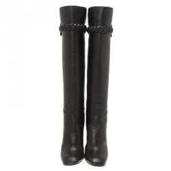 Pre Owned Valentino Black Leather Braided Over the Knee Boots Size 38.5