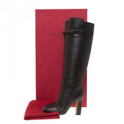 Pre Owned Valentino Black Leather Braided Over the Knee Boots Size 38.5