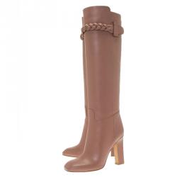 Pre Owned Valentino Blush Pink Leather Braided Over the Knee Boots Size 36.5