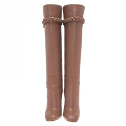 Pre Owned Valentino Blush Pink Leather Braided Over the Knee Boots Size 36.5