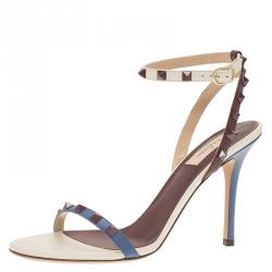 Pre Owned Valentino Tri Color Leather Rockstud Ankle Strap Sandals Size 39.5