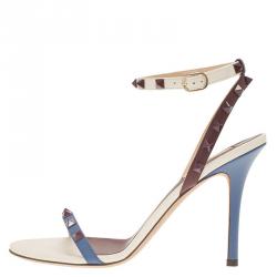 Pre Owned Valentino Tri Color Leather Rockstud Ankle Strap Sandals Size 39.5