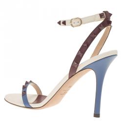 Pre Owned Valentino Tri Color Leather Rockstud Ankle Strap Sandals Size 39.5