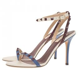 Pre Owned Valentino Tri Color Leather Rockstud Ankle Strap Sandals Size 39.5