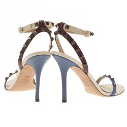 Pre Owned Valentino Tri Color Leather Rockstud Ankle Strap Sandals Size 39.5